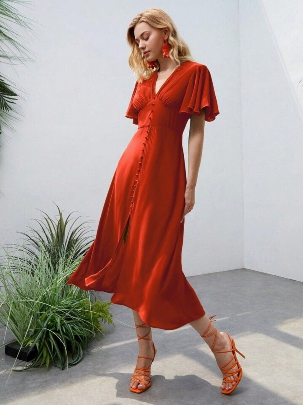 Fiery Orange Satin Flutter Sleeve V neck Maxi Dress, Imperial Waist Size S- NWOT